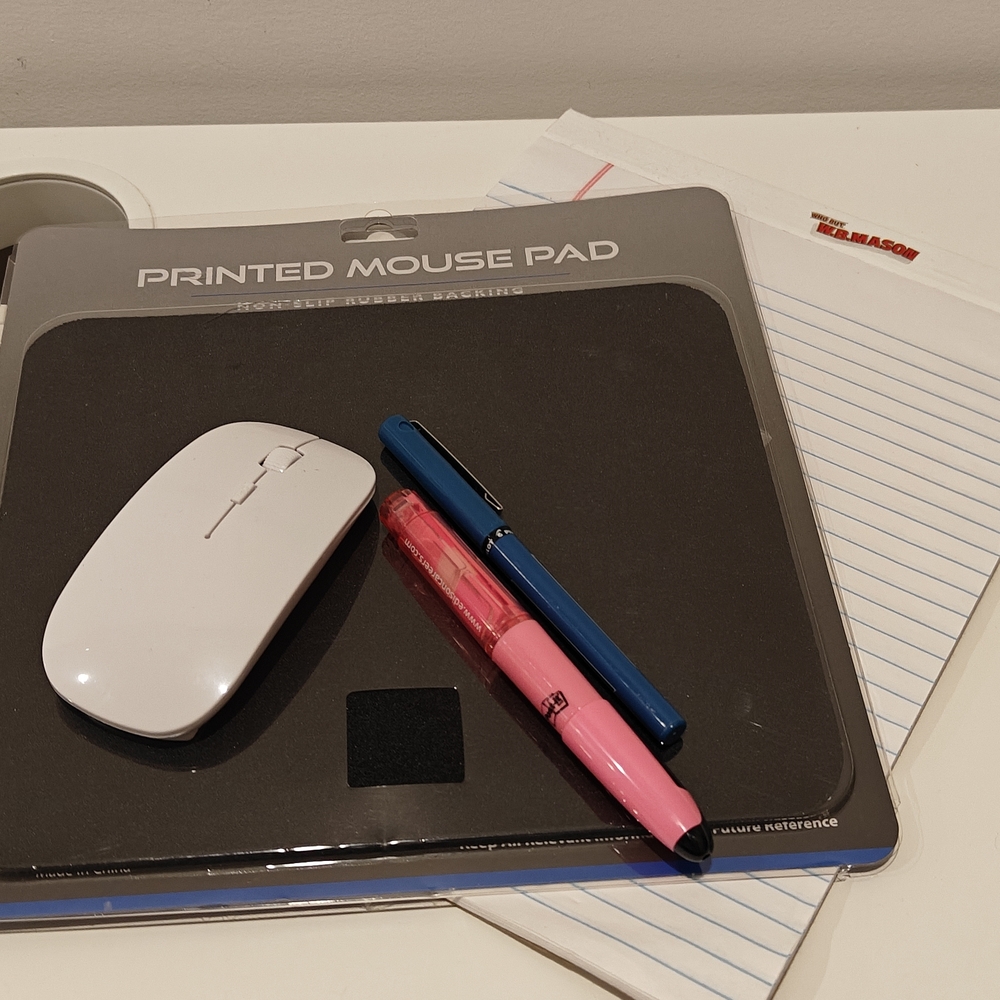 White Wireless Mouse, Mouse Pad and Pink Pen, Pilot Pen Set